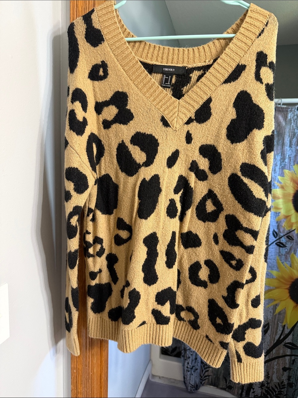 Forever 21 Camel & Black Leopard V-Neck Sweater